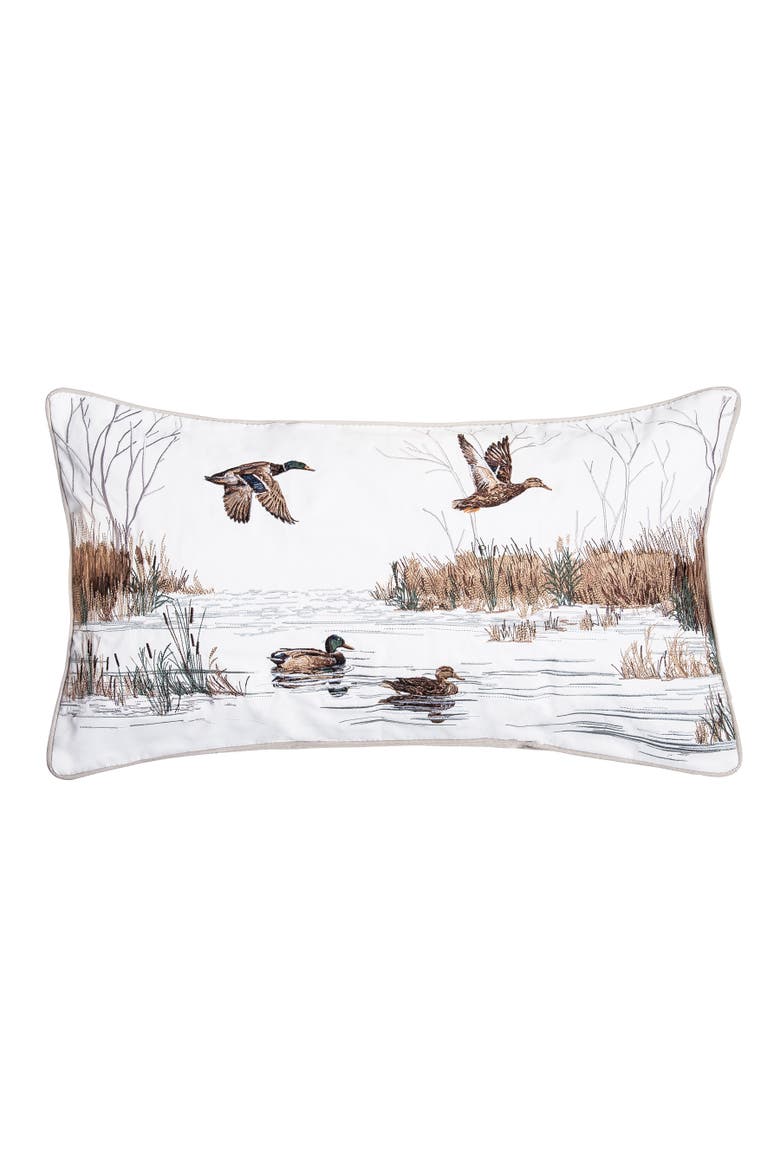Mallard Birds In the Marsh Limited Edition Embroidered Throw Pillow, 14" x 26", Main, color, Brown