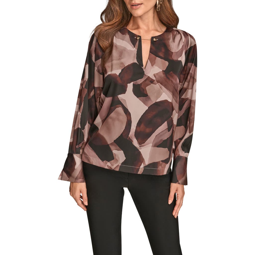 Donna Karan New York Abstract Print Chain Detail Long Sleeve Top In Brown