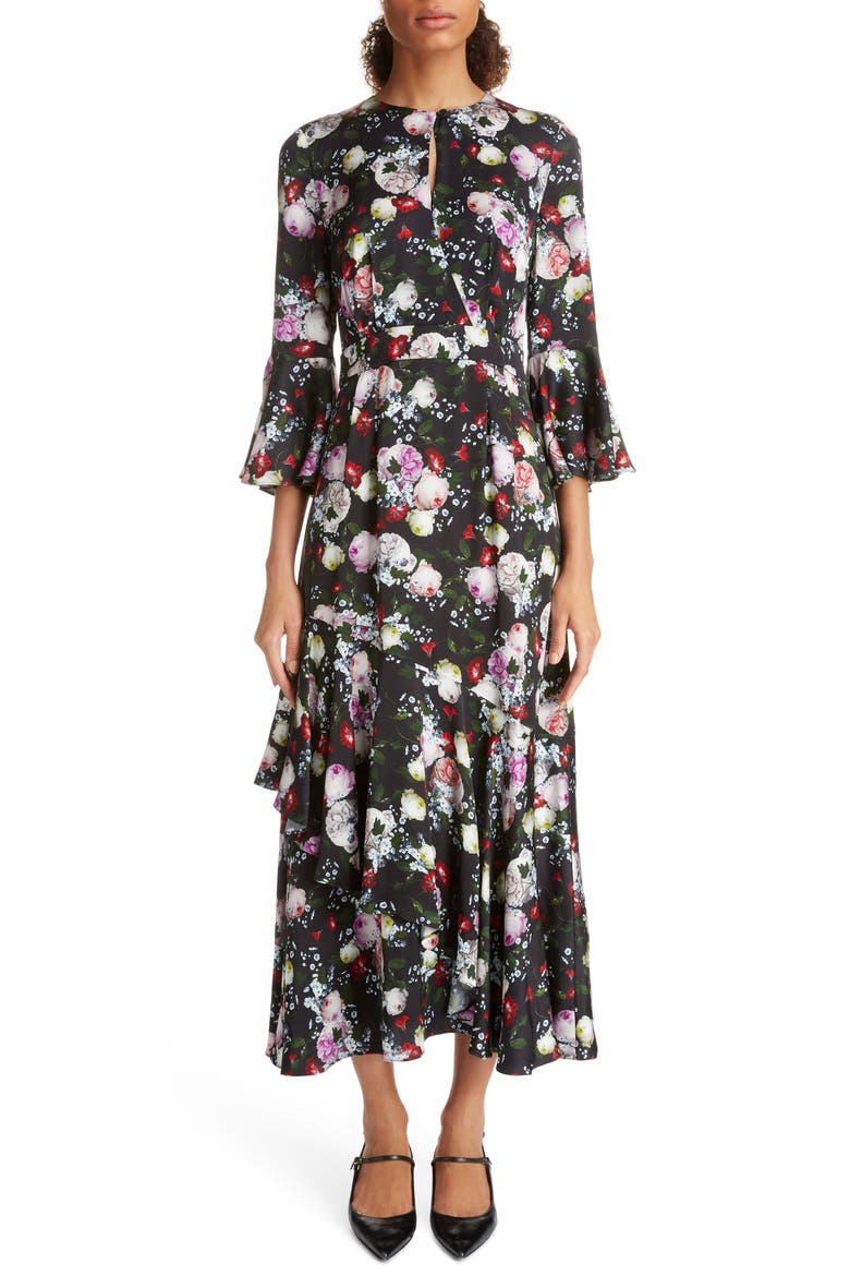 Ruffle Detail Floral Print Satin Midi Dress, Main, color, BLACK/ MULTI