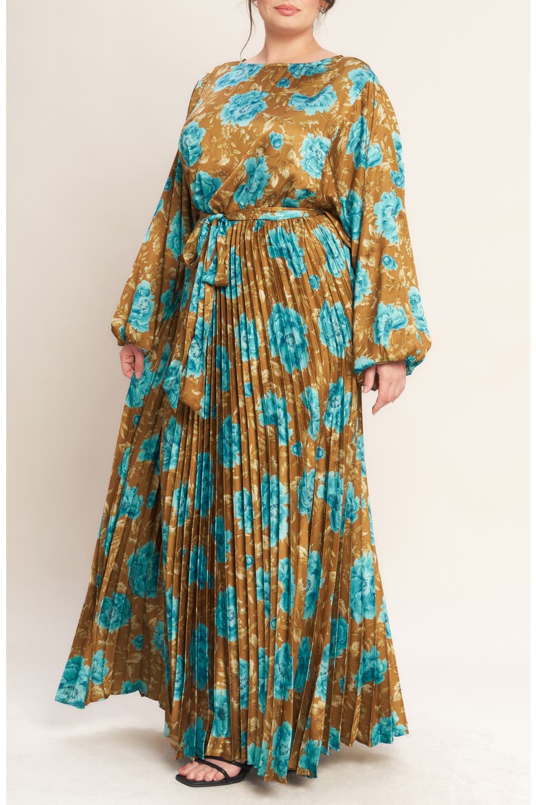 Floral Long Sleeve Pleated Maxi Dress, Alternate, color, DIJON