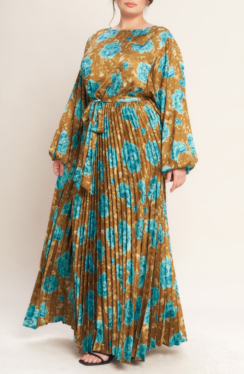 FLYING TOMATO Floral Long Sleeve Pleated Maxi Dress, Alternate, color, Dijon