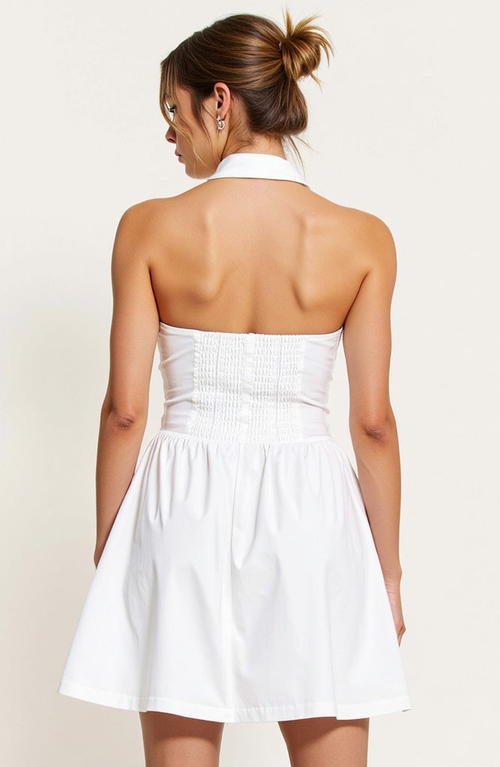 MODENAIRE MODENAIRE EMBROIDERED WAIST BUTTON-FRONT HALTER MINI DRESS WITH SMOCKED OPEN BACK