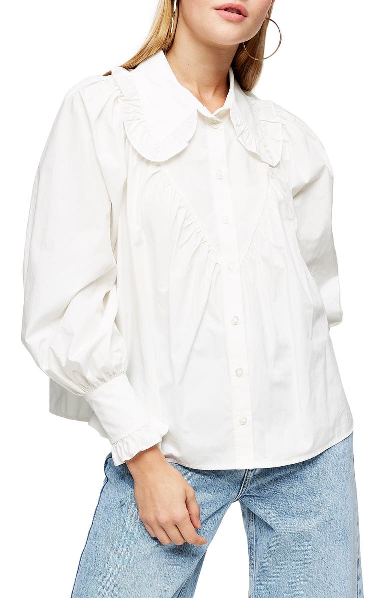 Topshop Ruffle Collar Poplin Blouse, Main, color, 