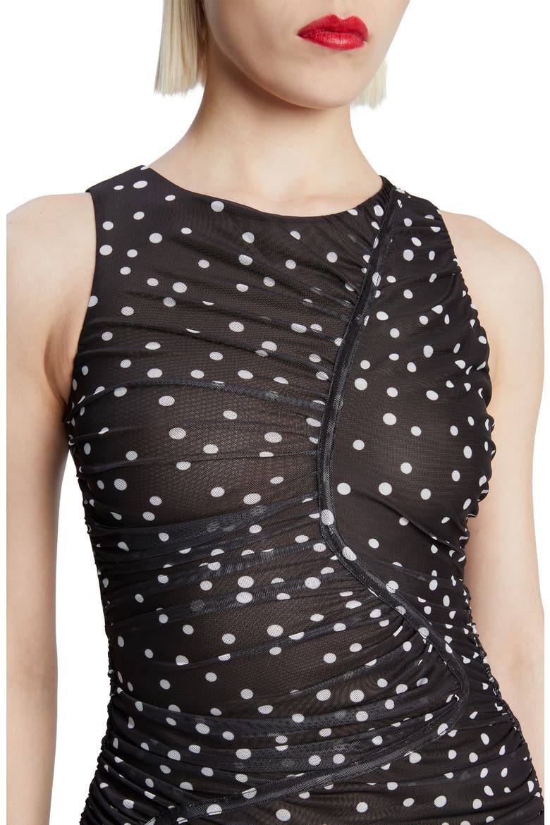 Felicia Polka Dot Ruched Mesh Midi Dress, Alternate, color, BLACK SPOT