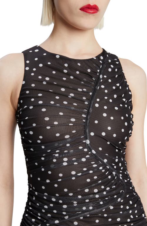 Bardot Felicia Polka Dot Ruched Mesh Midi Dress In Black Spot