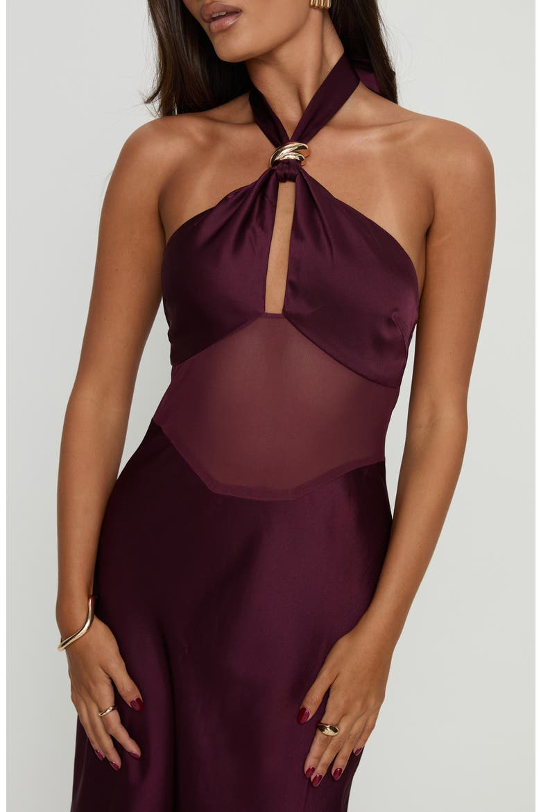 Rosario Sheer Panel Satin Halter Gown, Alternate, color, PLUM