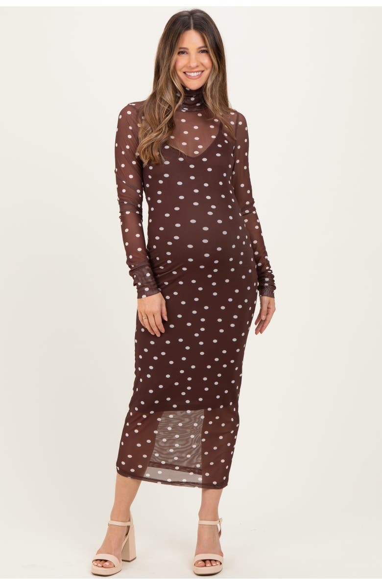 PinkBlush Polka Dot Mesh Overlay Midi Dress, Main, color, Brown