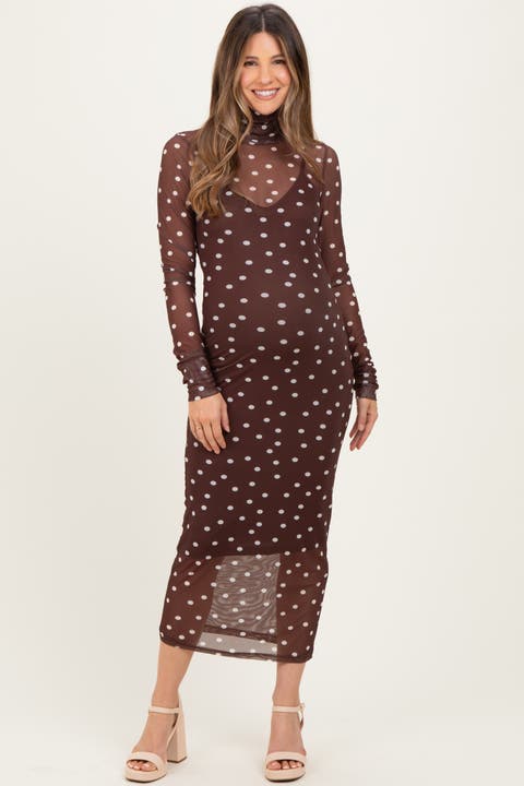 Polka Dot Mesh Overlay Midi Dress