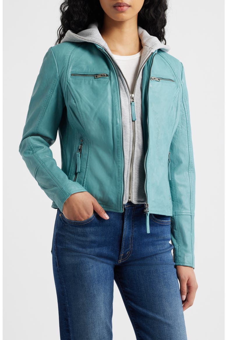 Nola Leather Jacket with Removable Hoodie, Main, color, LIGHT TURQUOISE