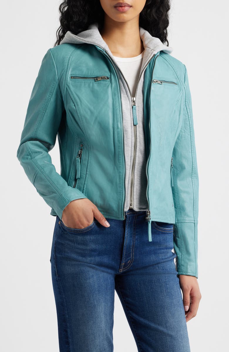 MAURITIUS Nola Leather Jacket with Removable Hoodie, Main, color, Light Turquoise