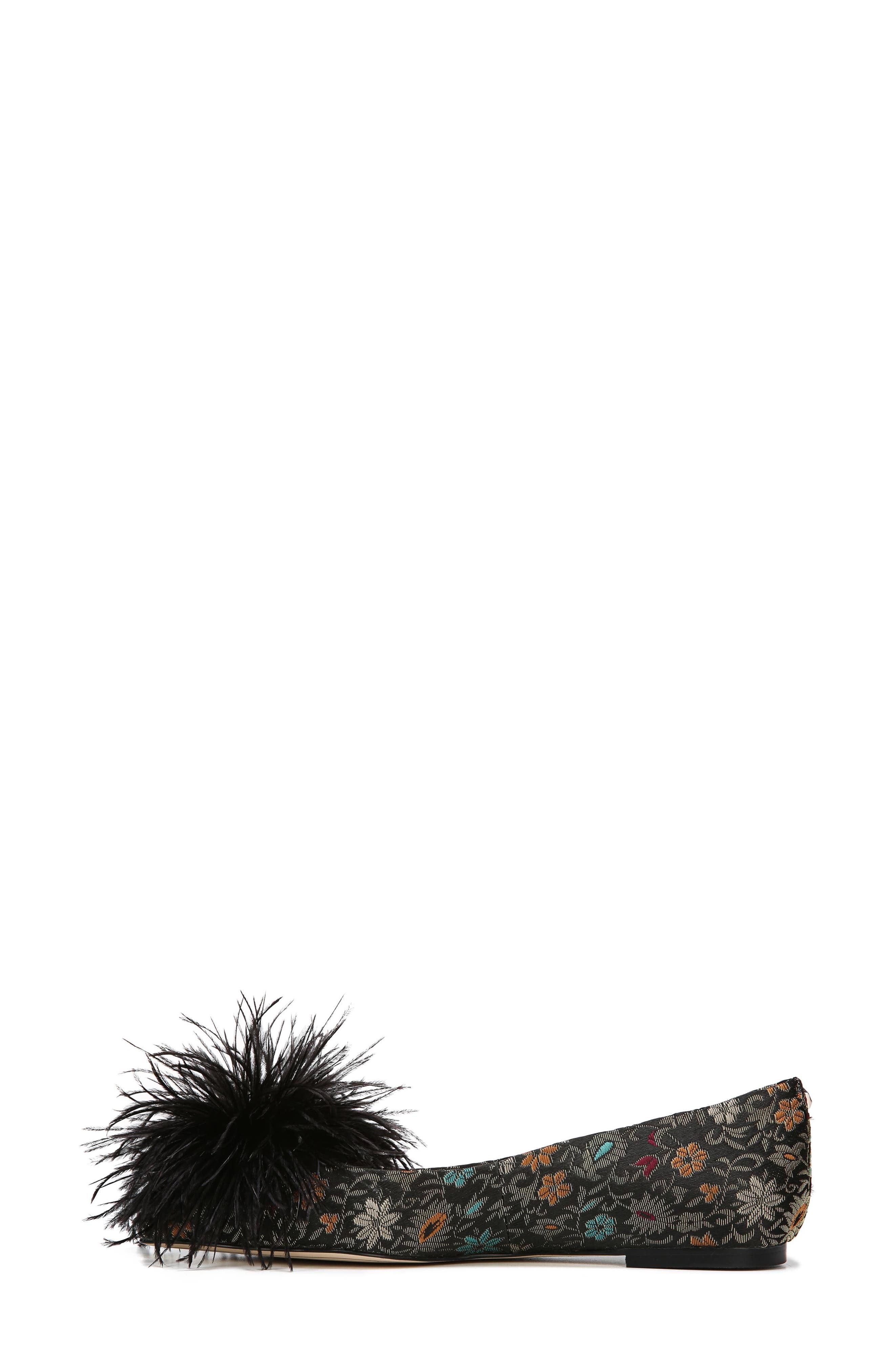 Reina Feather Pompom Flat, Alternate, color, BLACK FLORAL BROCADE