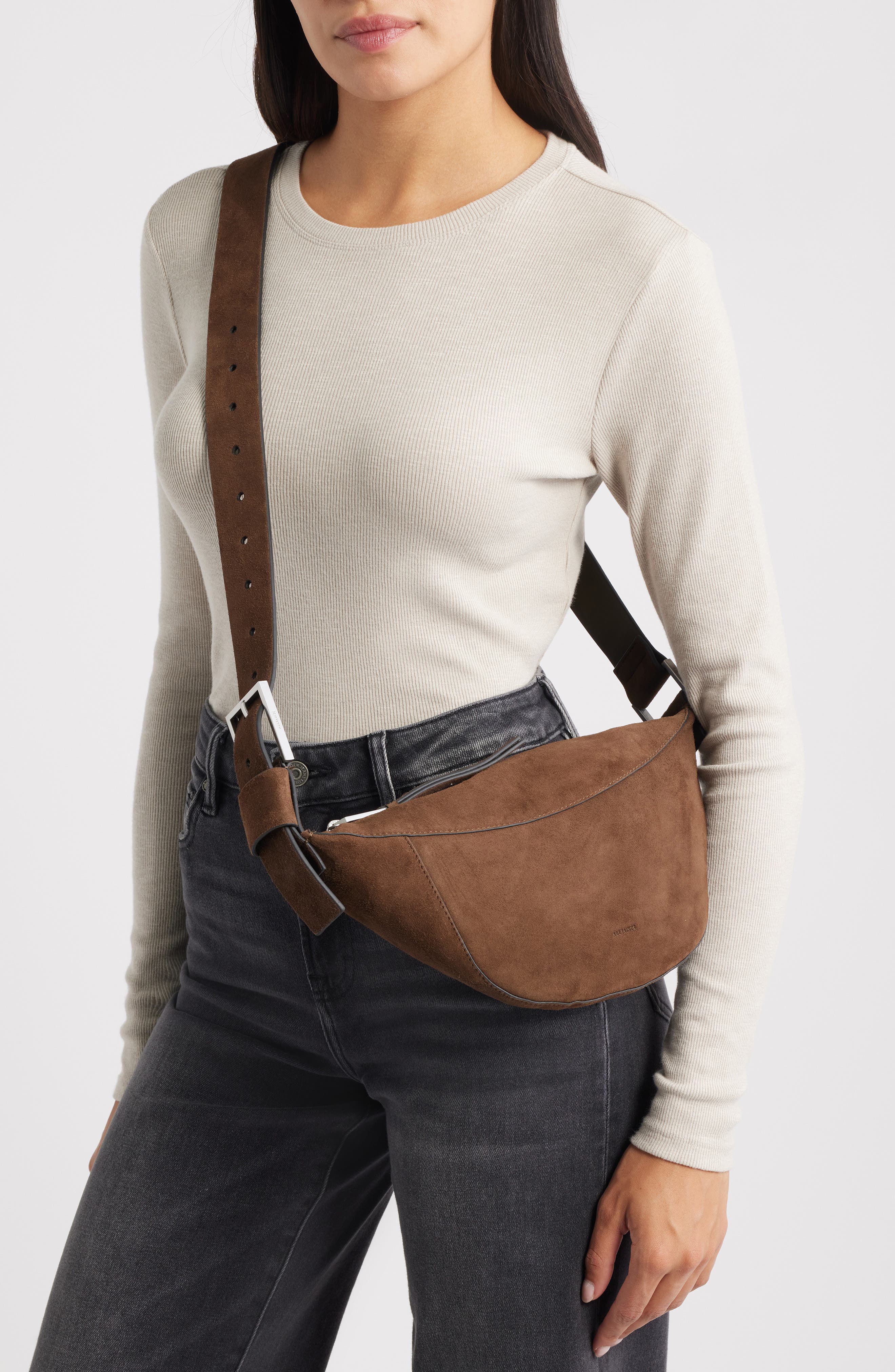 AllSaints Luna Suede Crossbody Bag, Alternate, color, Fango Brown