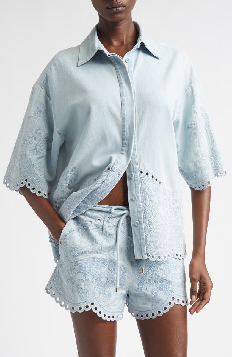 Zimmermann Daylight Embroidered Denim Shirt, Main, color, Ice Storm