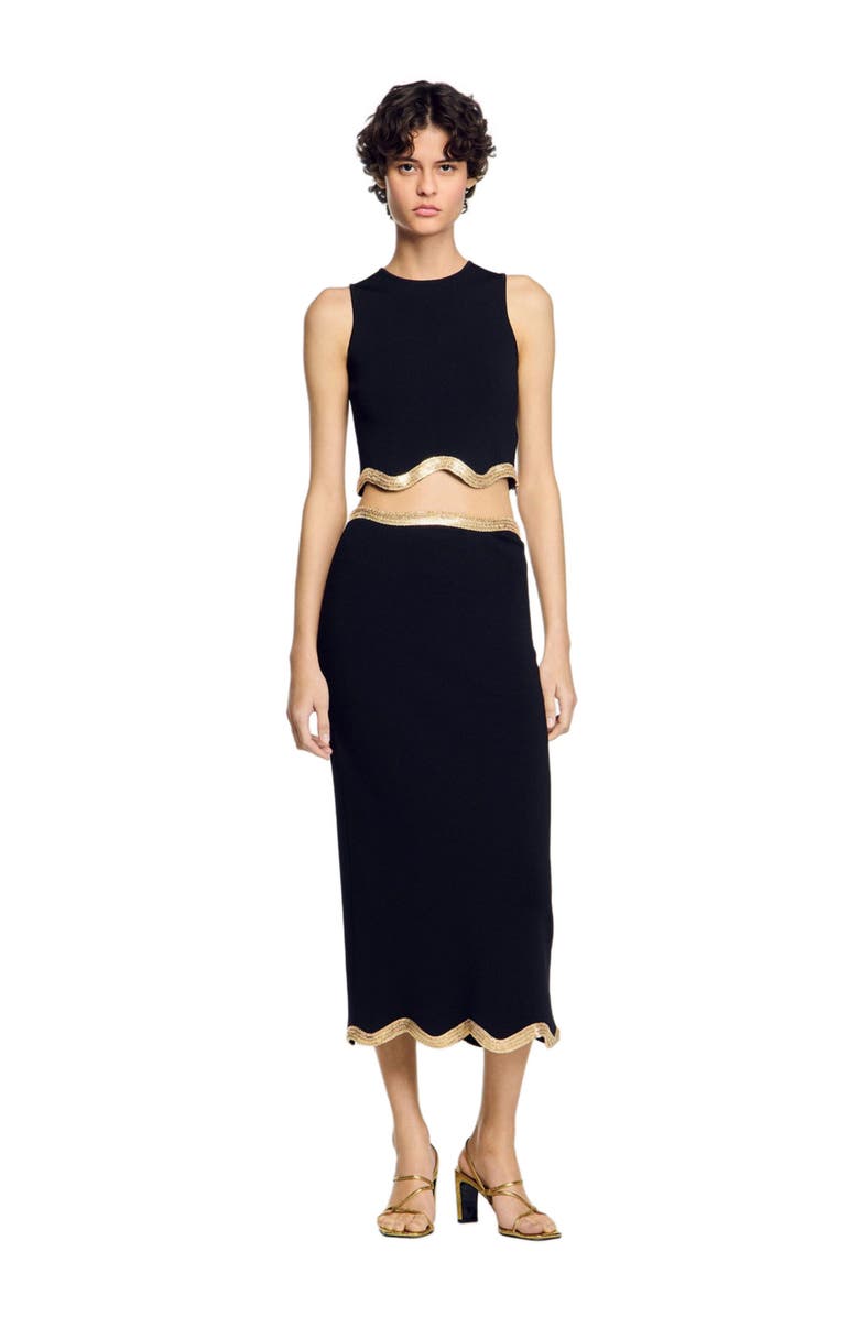 SANDRO Long knitted skirt with chain detail, Alternate, color, Black