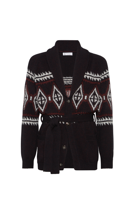 Geometric jacquard belted cardigan