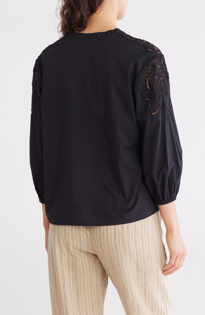 Caslon<sup>®</sup> Eyelet Lace Balloon Sleeve Cotton Poplin Top, Alternate, color, Black