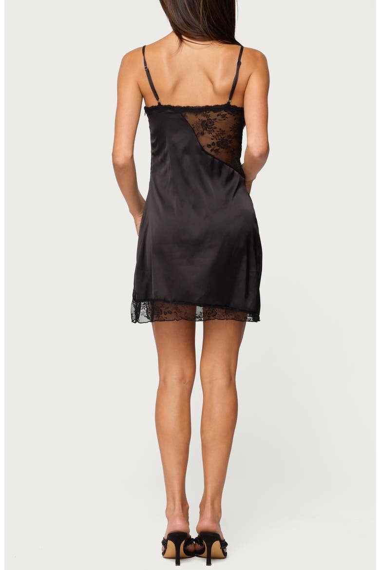 Lace Trim Satin Slip Minidress, Alternate, color, BLACK