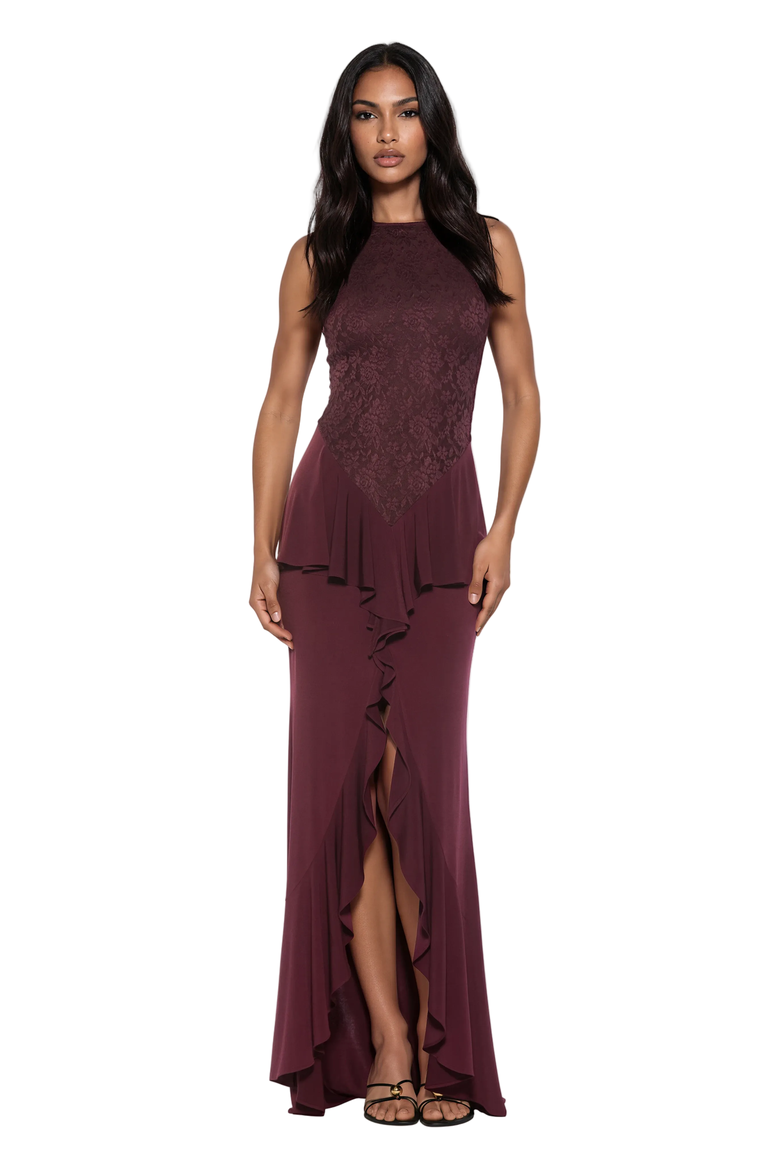 Perrin Boatneck Ruffle Gown, Main, color, Burgundy