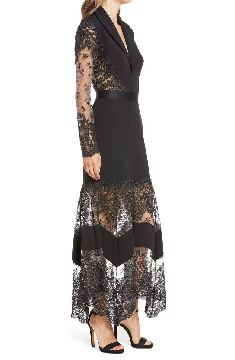 Tadashi Shoji Lace Detail Plunge Neck Long Sleeve Crepe Gown, Alternate, color, 