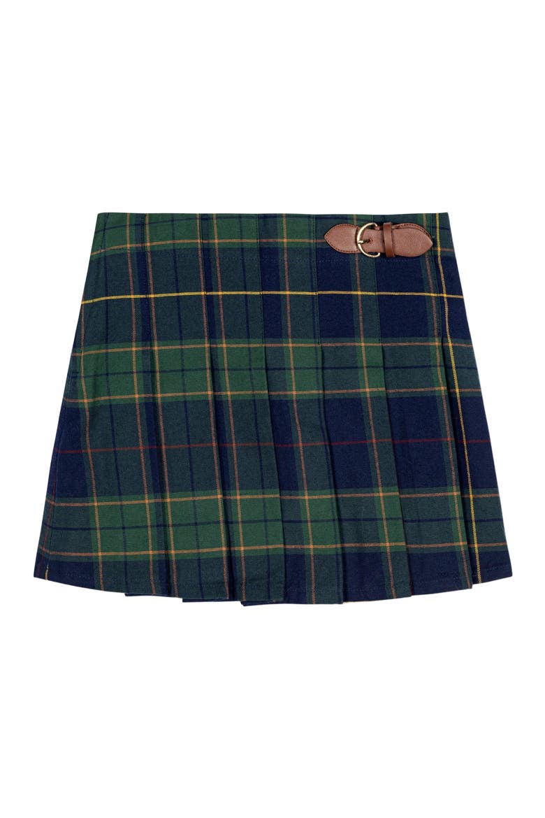 Girls' Organic Pleated Buckle Skirt, Toddler, Main, color, Navy Schoolgirl Plaid