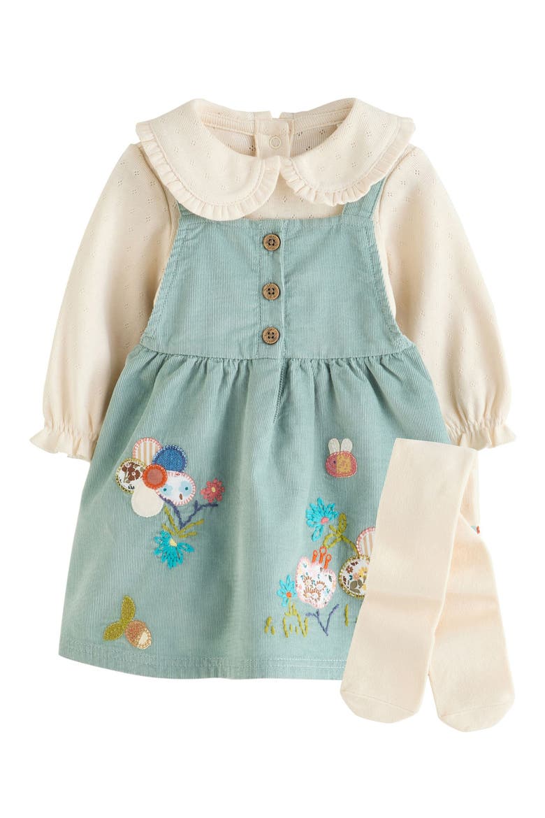 Cord Pinafore Dress, Bodysuit & Tights Set, Main, color, GREEN