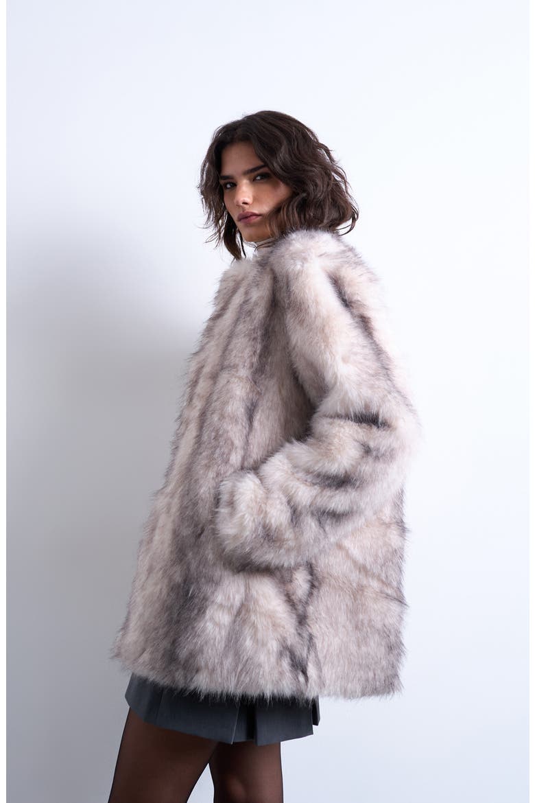 Collarless Faux Fur Coat, Alternate, color, GREY/ WHITE