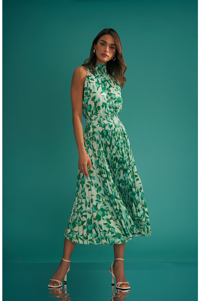 Floral Pleated Sharkbite Hem Midi Dress, Alternate, color, DEWY BLUE