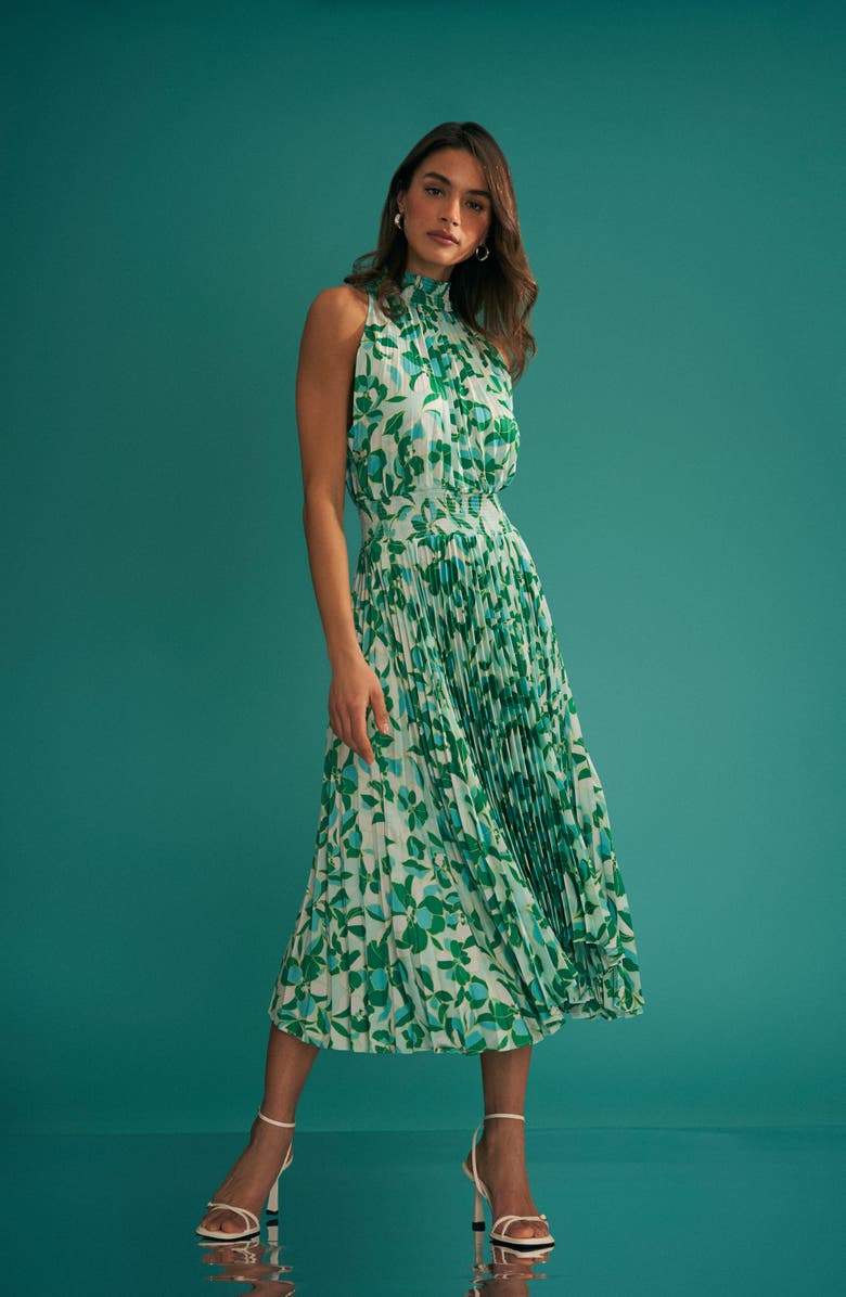 Halogen<sup>®</sup> Floral Pleated Sharkbite Hem Midi Dress, Alternate, color,