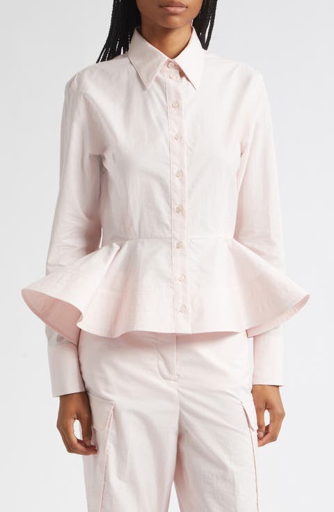 Cotton Blend Peplum Button-Up Shirt