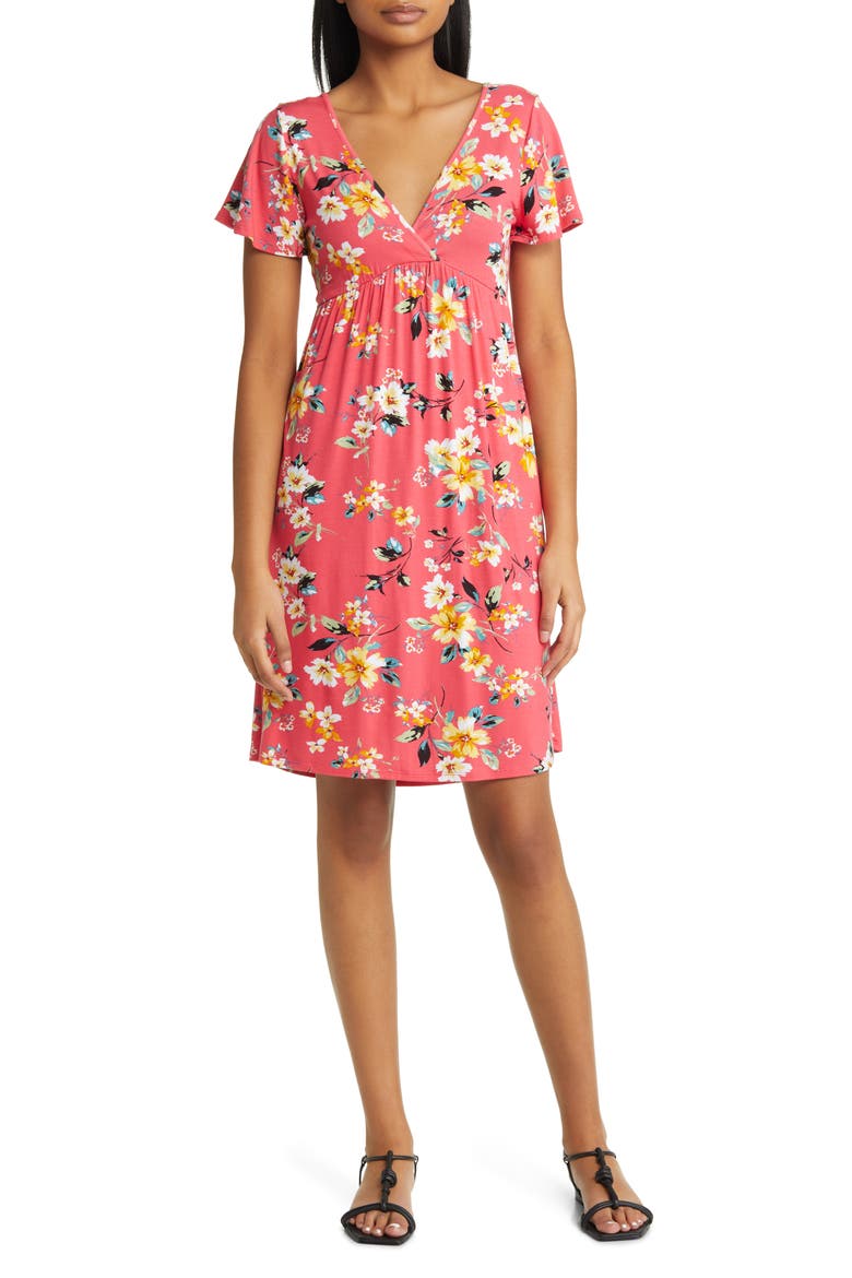 Floral Tie Back Surplice V-Neck Knit Minidress, Main, color, CORAL