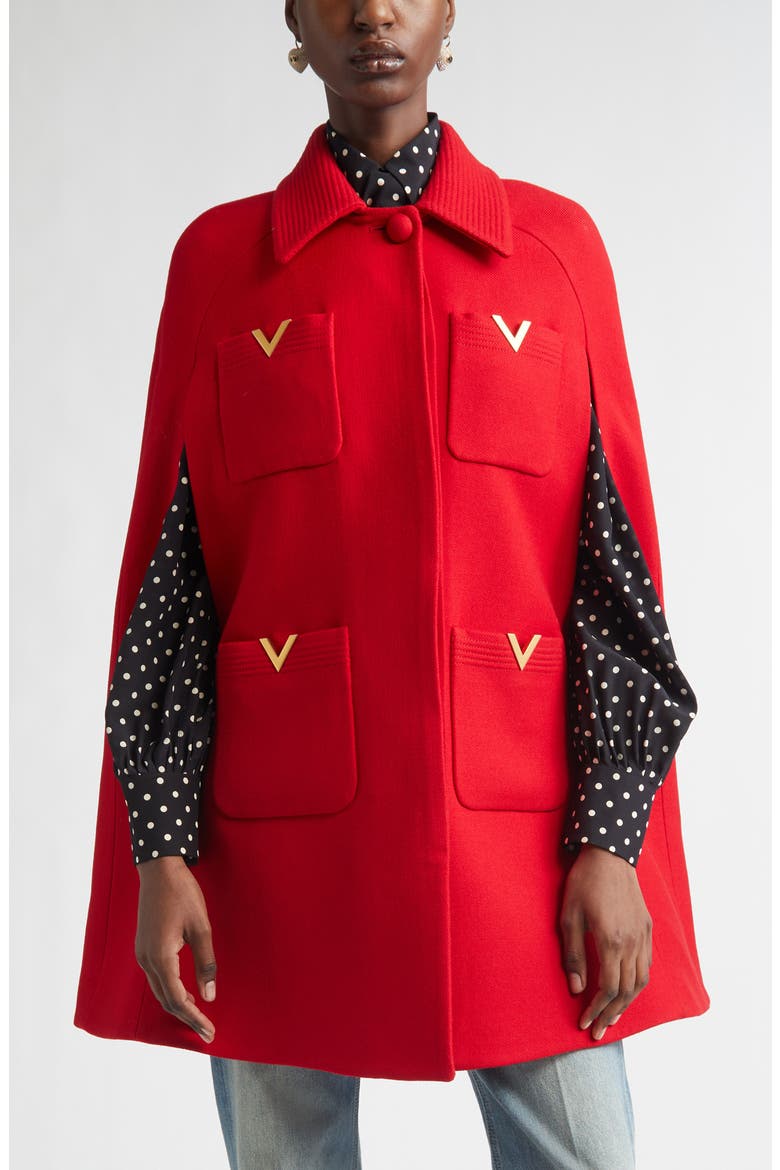 V-Detail Wool & Silk Double Drill Cape, Main, color, DEEP RED