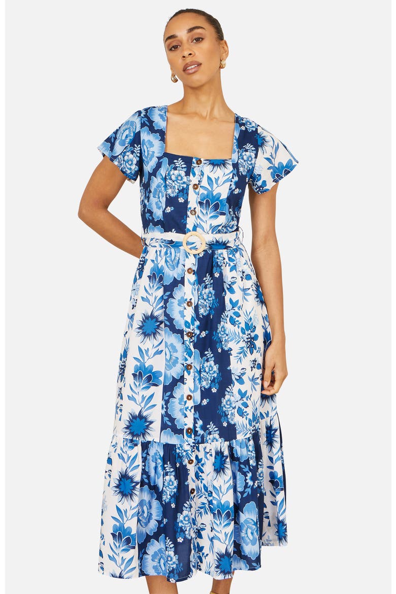 Floral Belted Midi Dress, Main, color, Blue