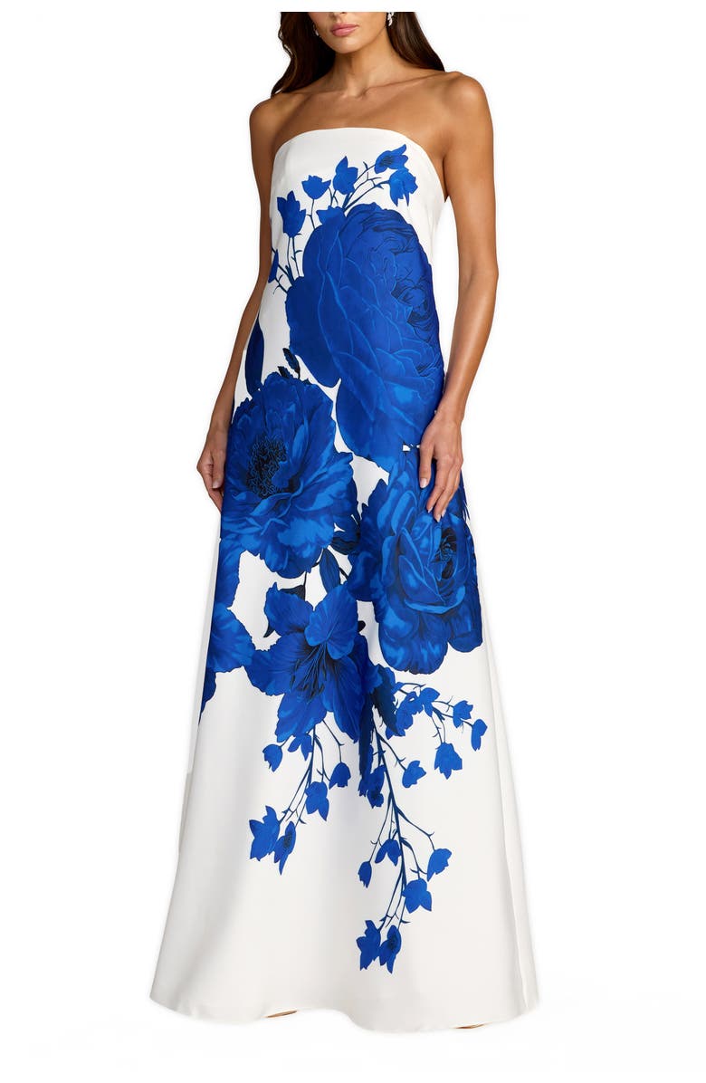 Mac Duggal Floral Printed Crepe Strapless Trapeze Gown, Main, color, White Multi