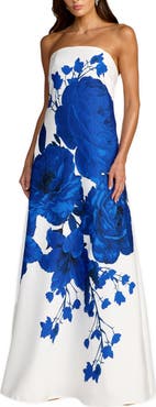 Mac Duggal Floral Printed Crepe Strapless Trapeze Gown