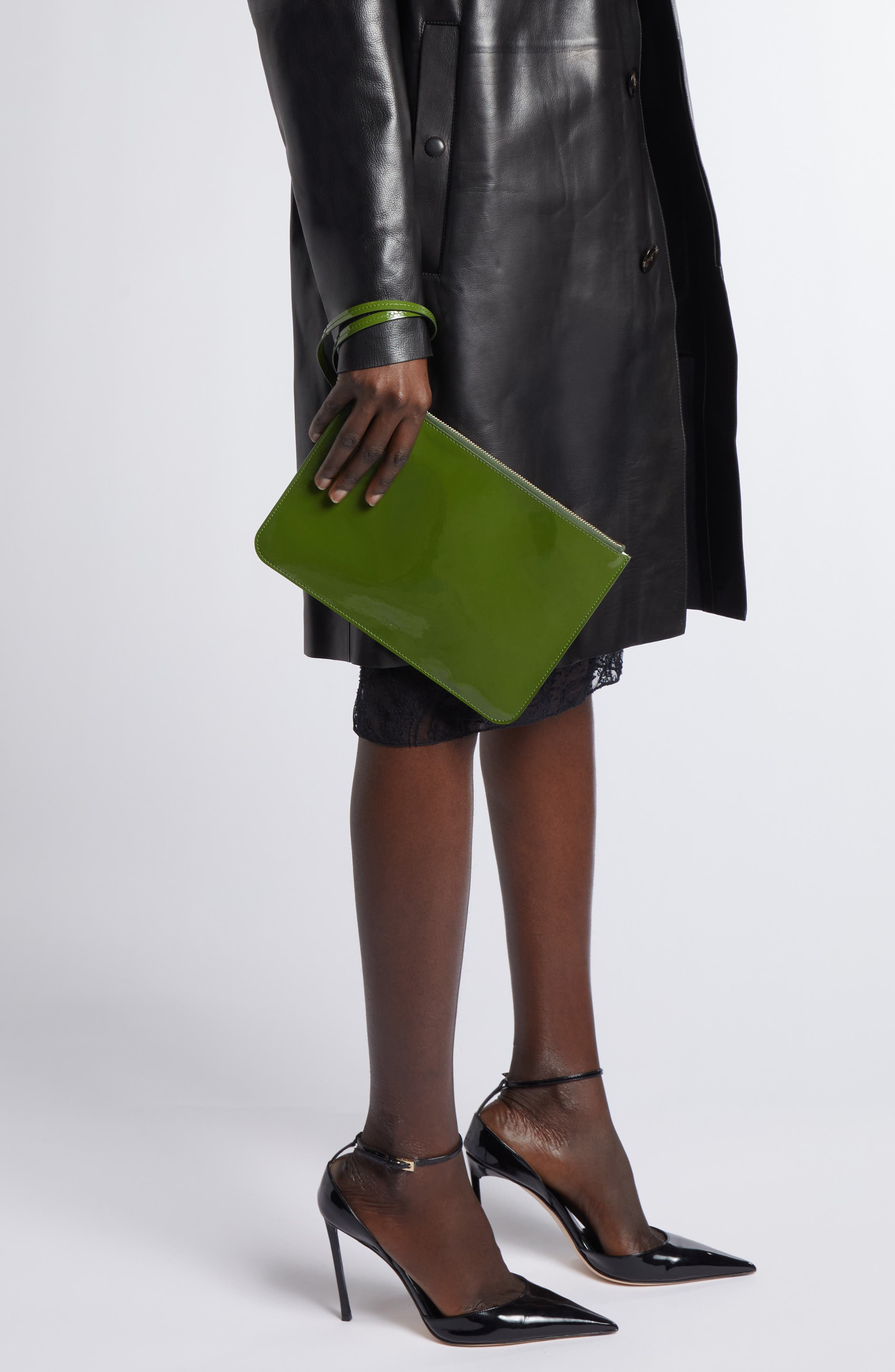 Zip Top Patent Leather Wristlet, Alternate, color, CHIVE