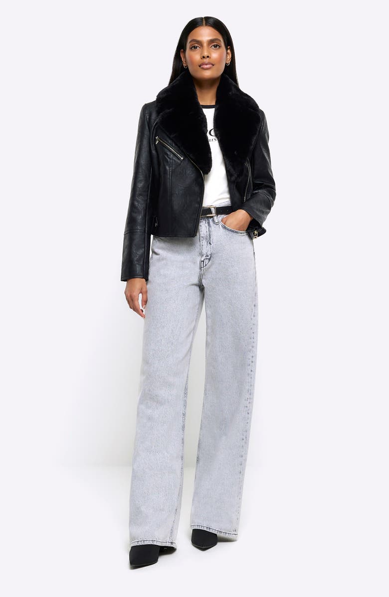 River Island Faux Leather Biker Jacket with Removable Faux Fur Trim, Alternate, color, 