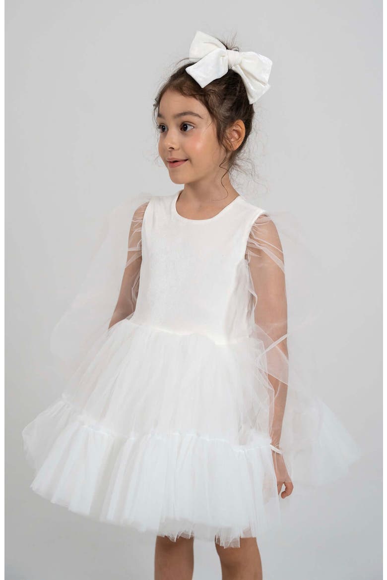 Grace' Balloon Sleeve Velvet Tulle Dress, Alternate, color, White Lily