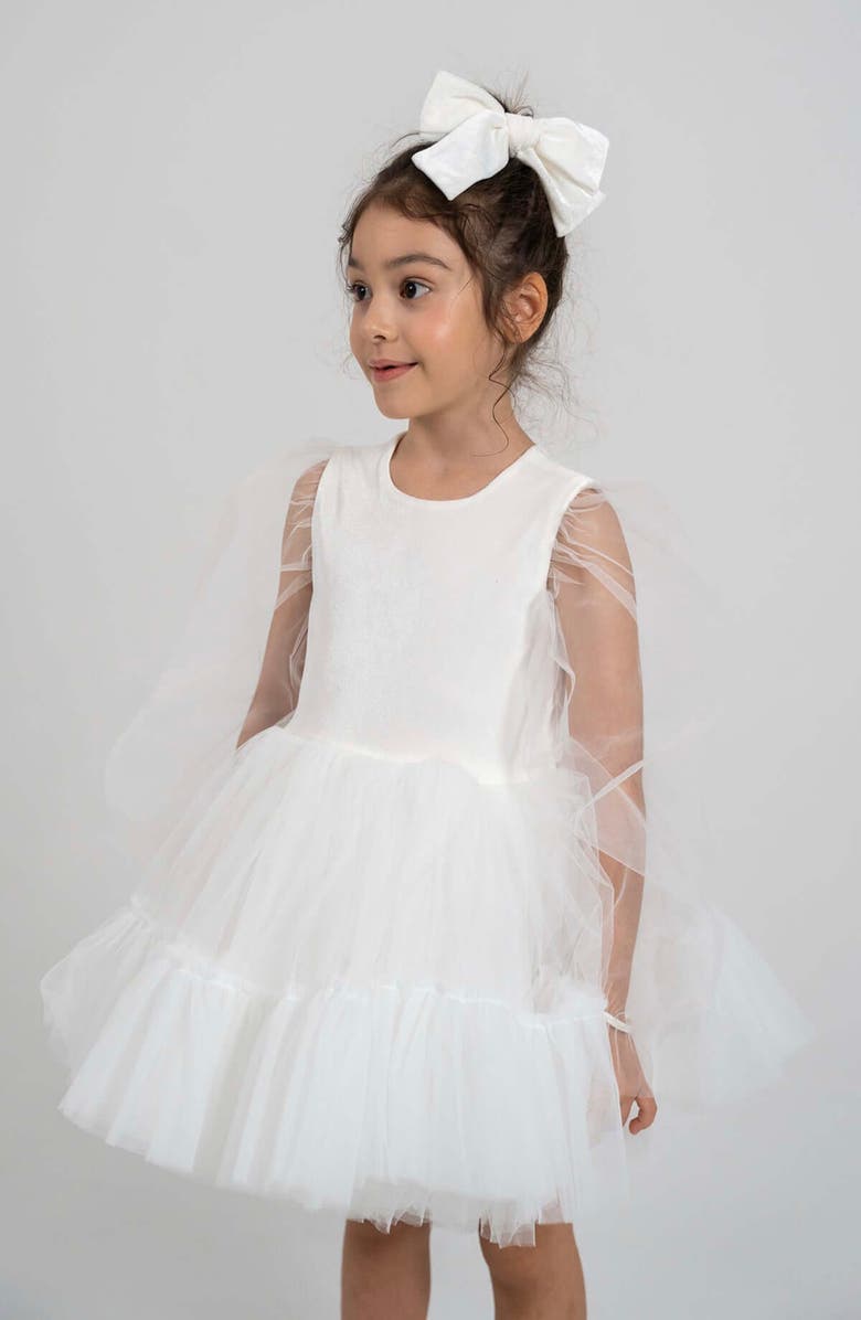 Mini Celebrities Grace Balloon Sleeve Velvet Tulle Dress, Alternate, color, White Lily
