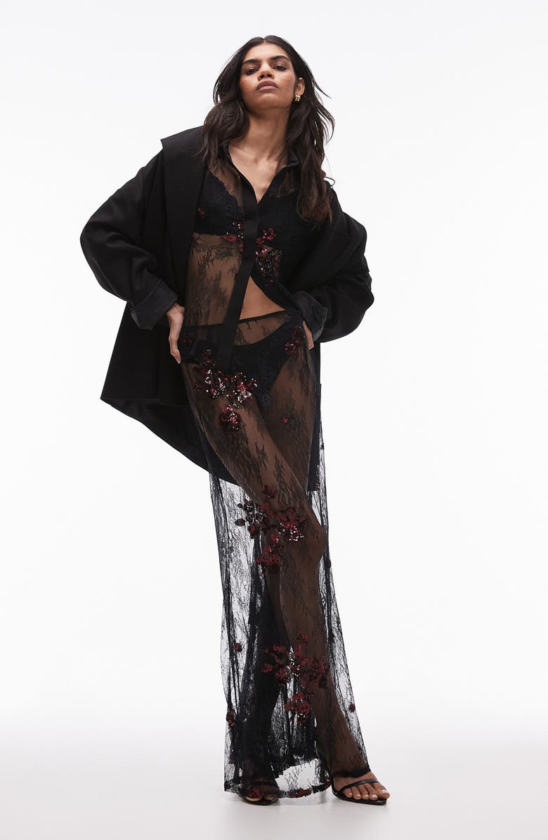 Topshop Sequin Embellished Sheer Lace Maxi Skirt, Main, color, Black