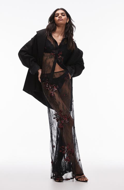 Sequin Embellished Sheer Lace Maxi Skirt