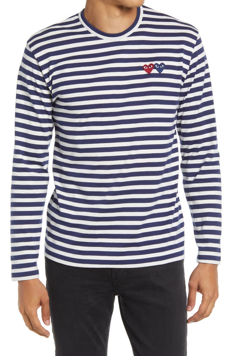 Comme des Garçons PLAY Twin Appliqué Stripe T-Shirt, Main, color,