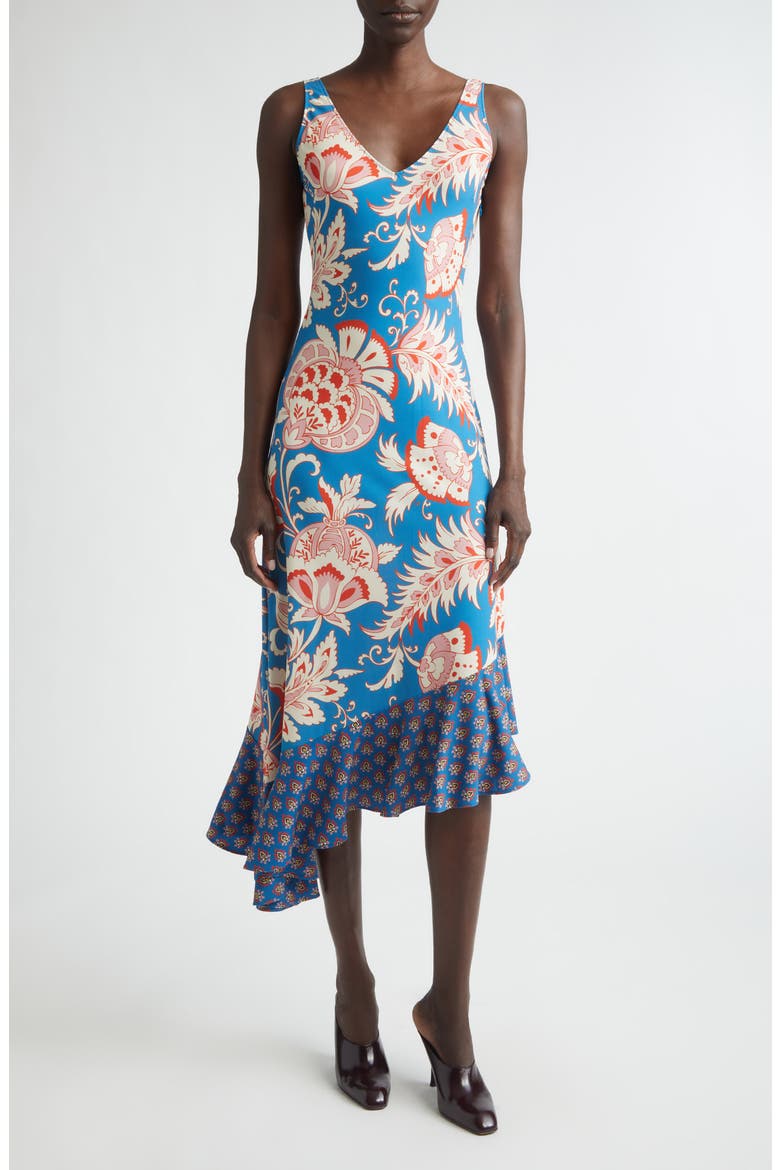 Asymmetric Ruffle Hem Midi Dress, Main, color, PRINT ON PALE BLUE BASE