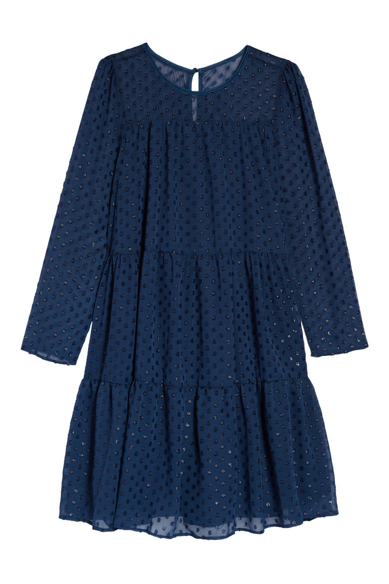 Kids' Burnout Metallic Chiffon Long Sleeve Dress, Main, color, NAVY