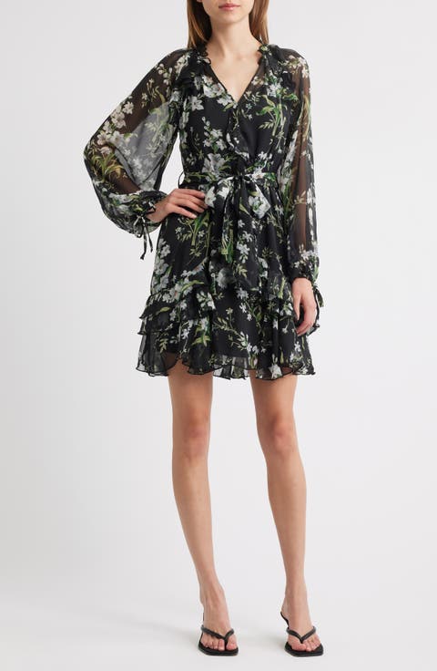 Floral Print Long Sleeve Chiffon Dress