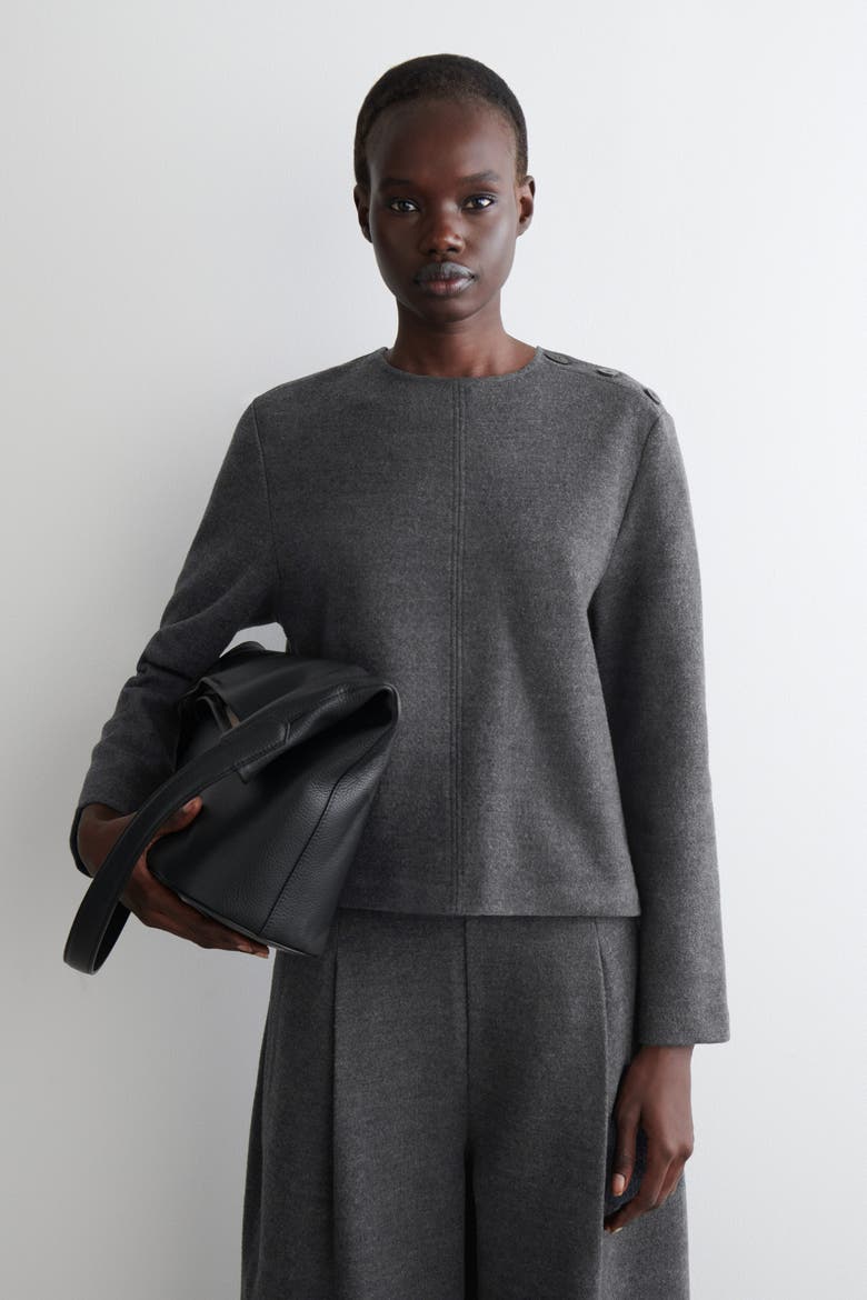 Button-Detail Boiled-Wool Sweatshirt, Main, color, DARK-GRAY MÉLANGE