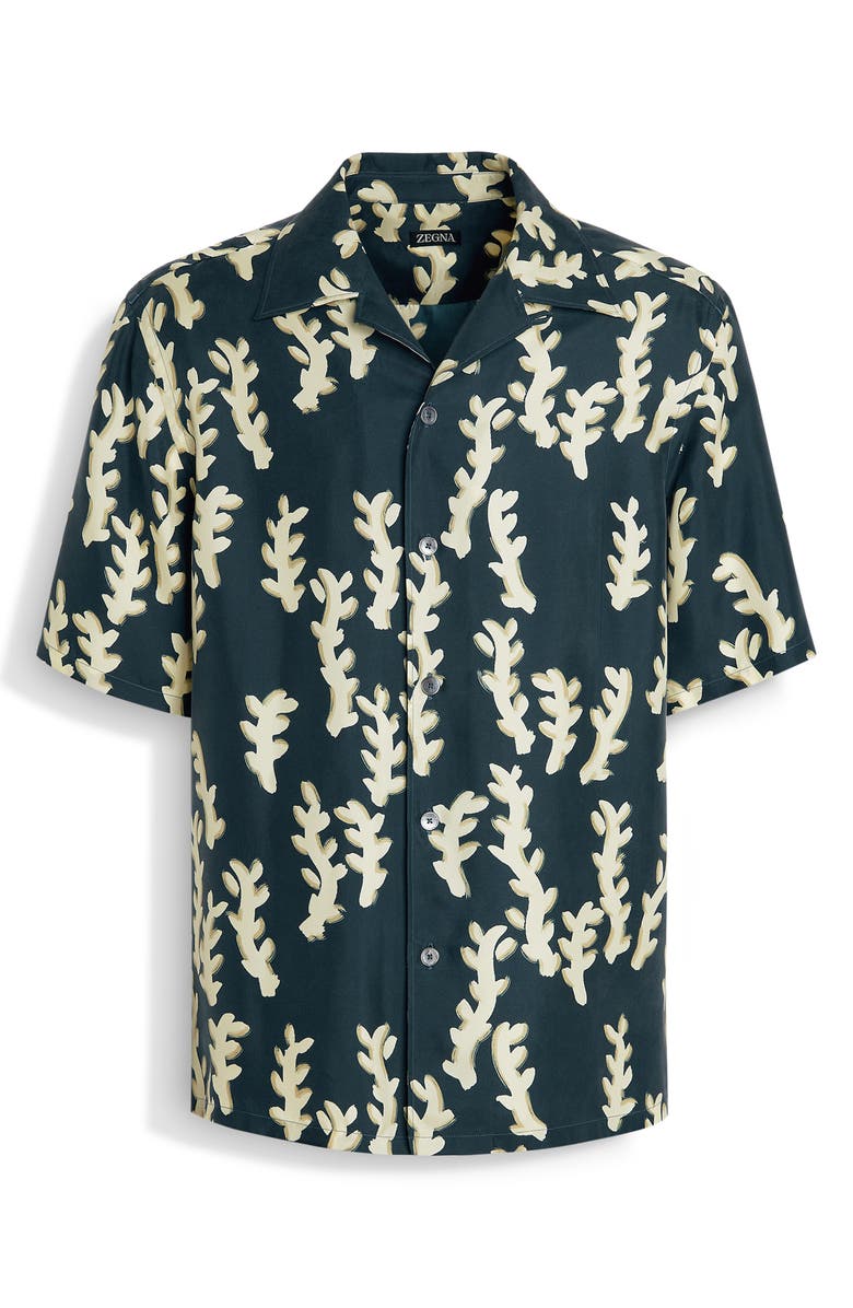 ZEGNA Silk Shirt, Alternate, color, Dark Teal Blue/Light Yellow