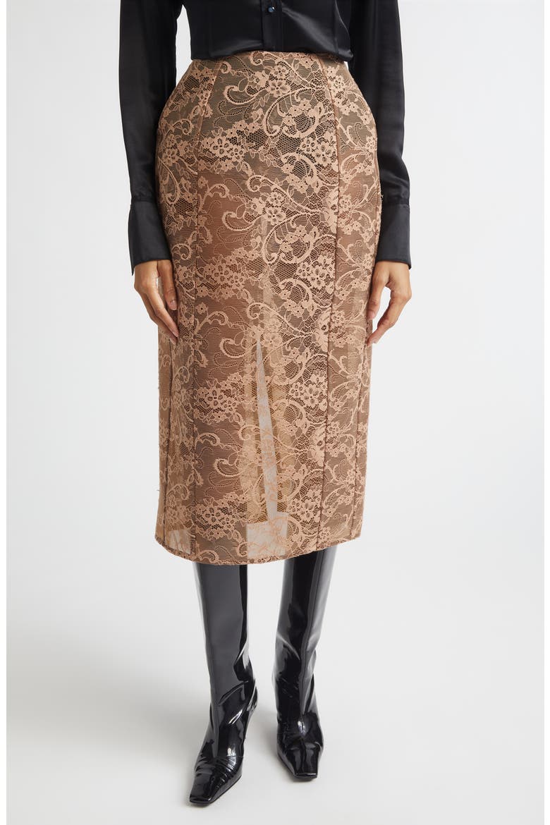 Icasso Sheer Lace Midi Skirt, Main, color, BRONZE BROWN