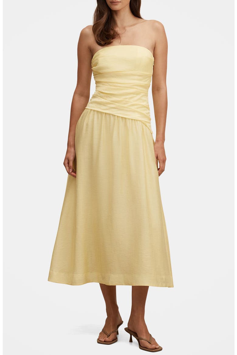 Rumi Ruched Strapless Midi Dress, Alternate, color, YELLOW