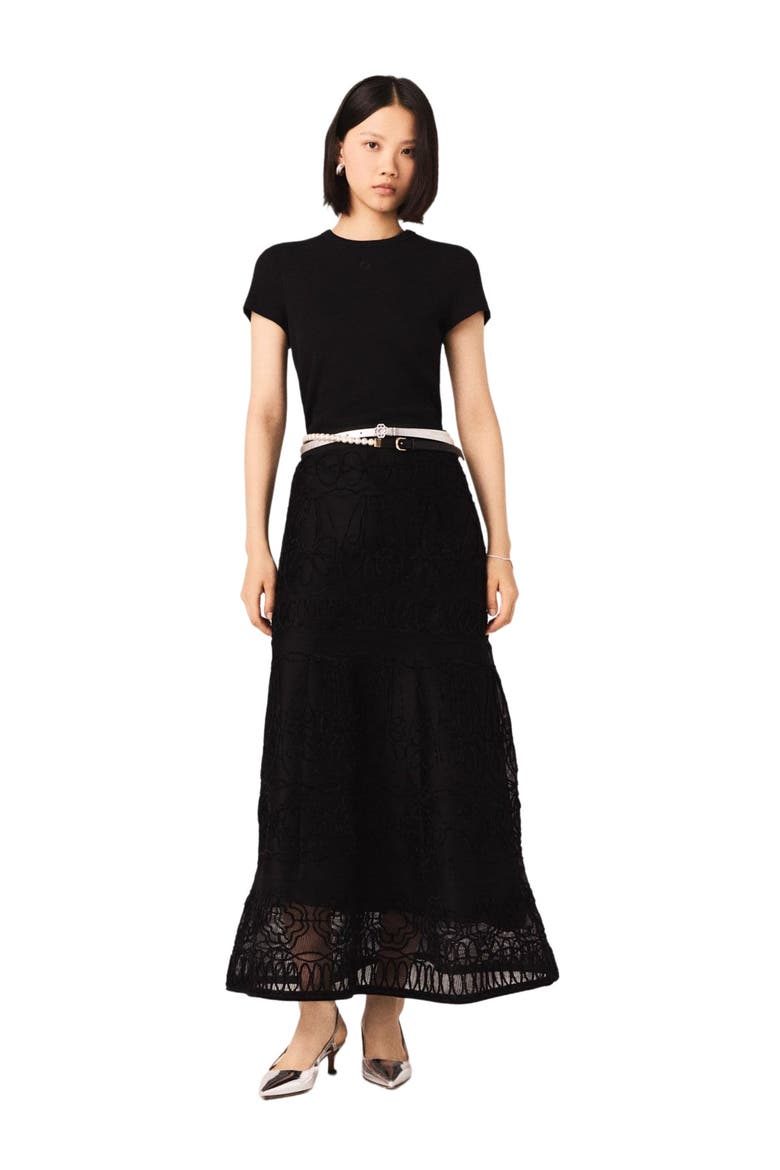Embroidered basket-weave knit skirt, Alternate, color, Black