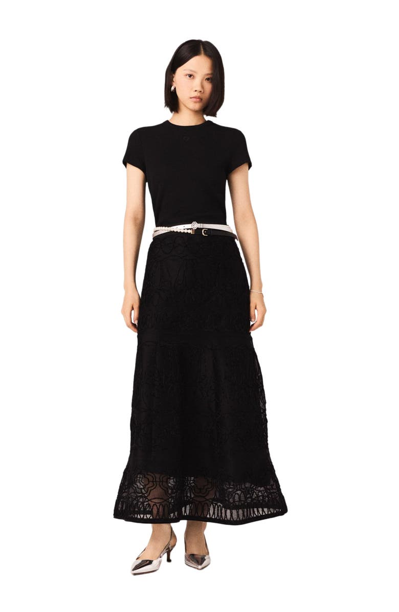 maje Embroidered basket-weave knit skirt, Alternate, color, Black